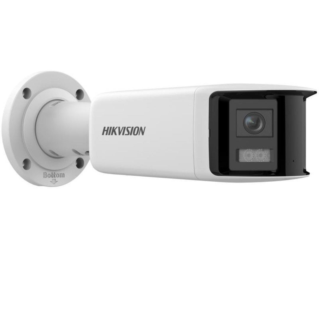 Witte Hikvision 4MP panoramische bullet IP-camera met 180° lens en montagevoet voor buitenbeveiliging.