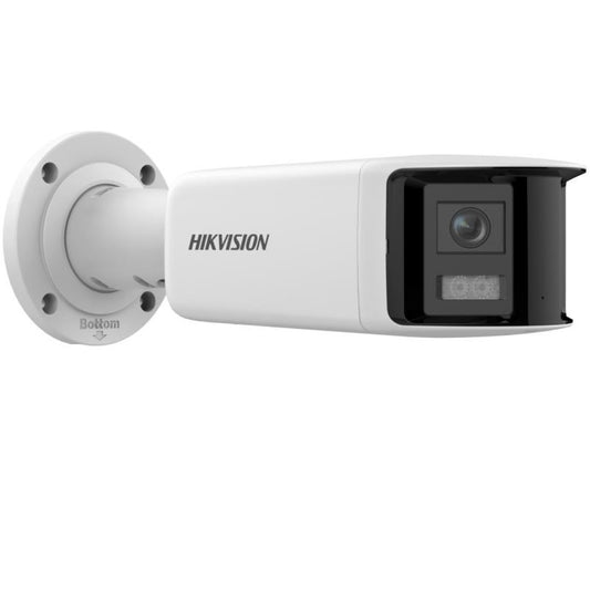 Witte Hikvision 4MP panoramische bullet IP-camera met 180° lens en montagevoet voor buitenbeveiliging.