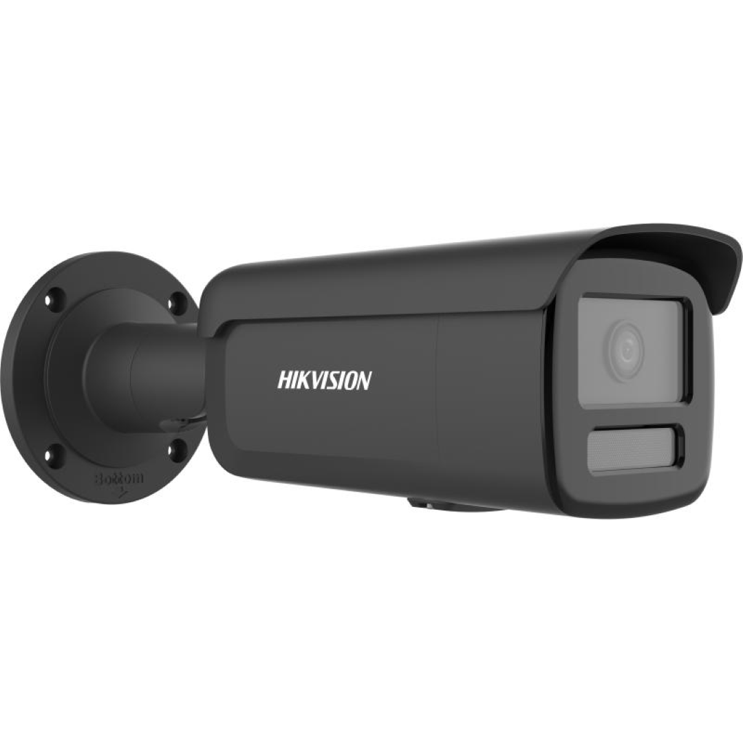 Matte zwarte Hikvision ColorVu bullet beveiligingscamera met 2.8mm lens en Smart Hybrid Light technologie.