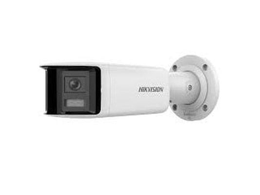Witte Hikvision 4MP panoramische bullet camera met actieve afschrikking en muurbevestiging.