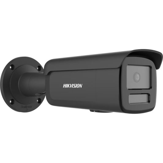 Zwarte Hikvision 8MP 4K AcuSense bullet camera met 4mm lens en geïntegreerde zonnekap voor buitenbeveiliging.