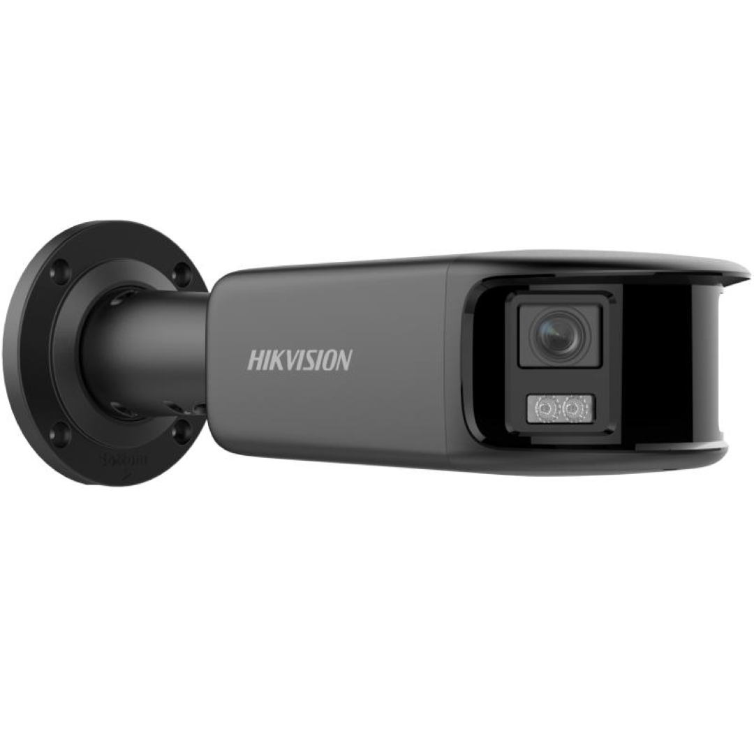 Matte zwarte Hikvision 8MP panoramische ColorVu bullet camera met strak design en geïntegreerde lens.