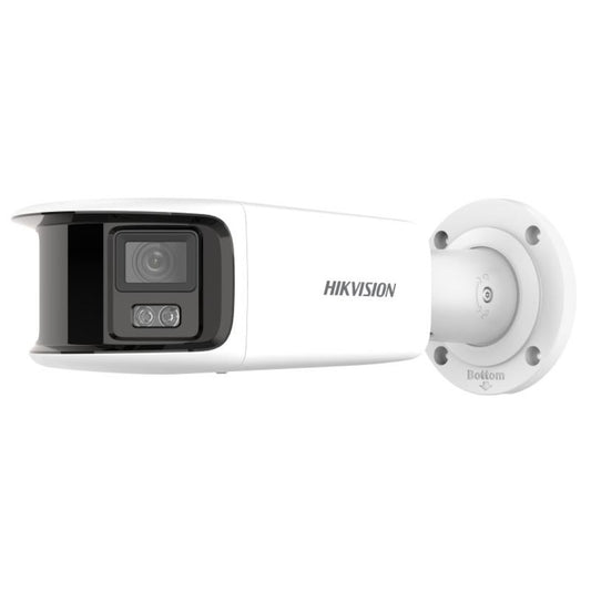 Witte Hikvision panoramische ColorVu bullet camera met dubbele lens en geïntegreerde muurbevestiging.