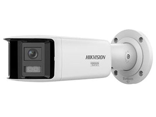 Witte Hikvision 8MP ColorVu bullet camera voor buiten met stroboscoop en geïntegreerde muurbeugel.