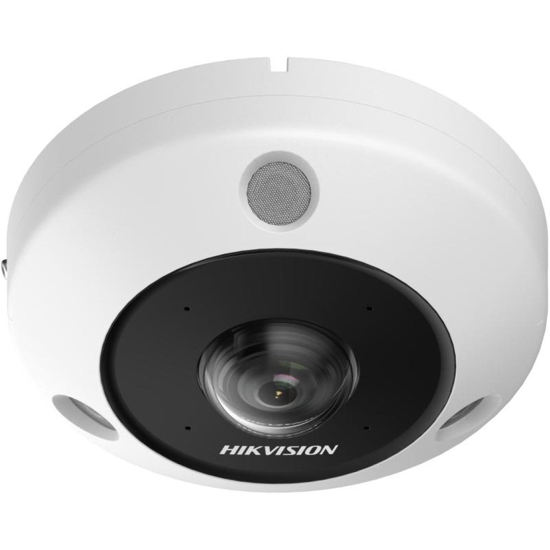 Witte Hikvision 6MP fisheye dome IP-camera met zwarte lensmodule en ingebouwde microfoon voor panoramisch toezicht.