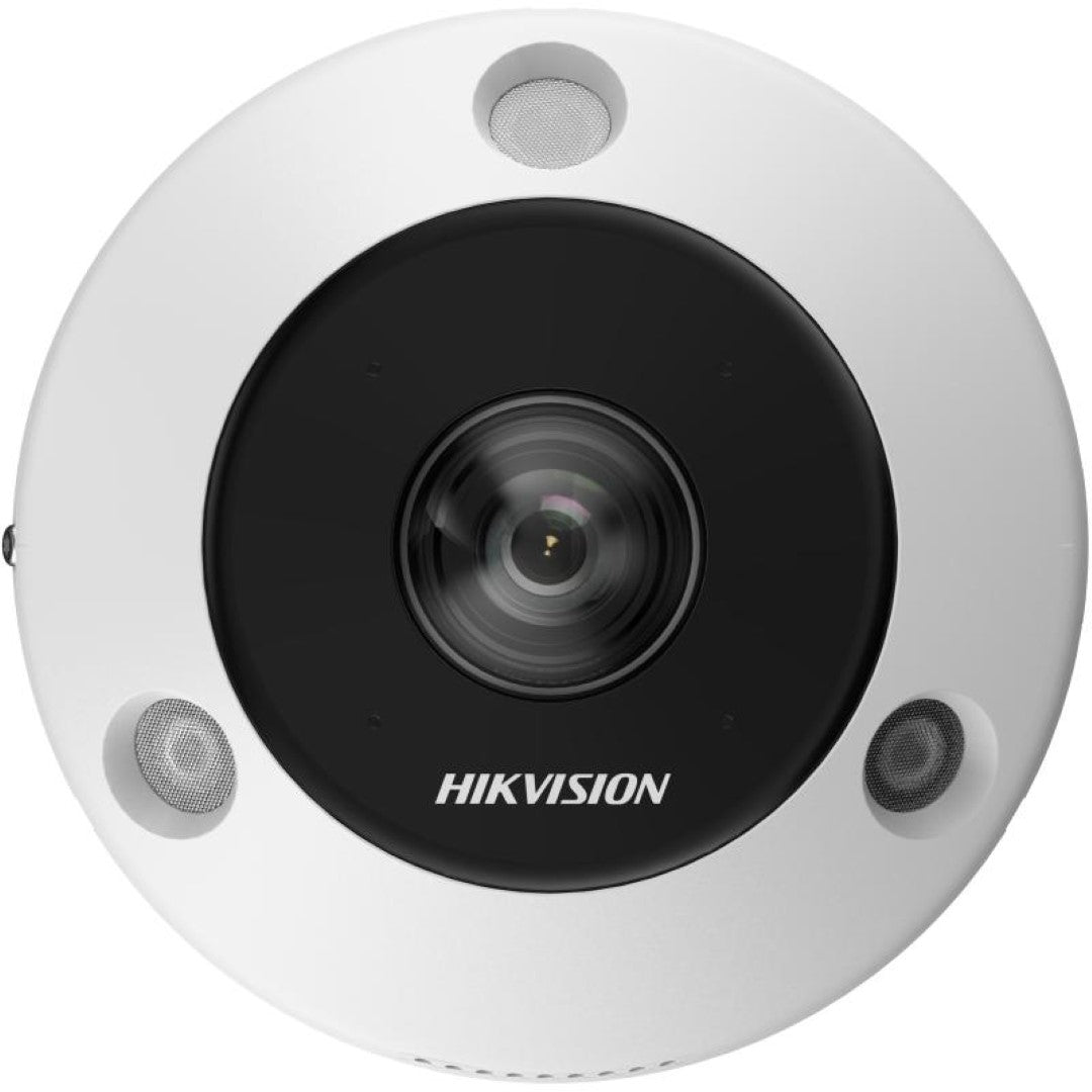 Witte Hikvision 6MP fisheye dome IP-camera met centrale lens en drie ingebouwde microfoons voor panoramisch overzicht.