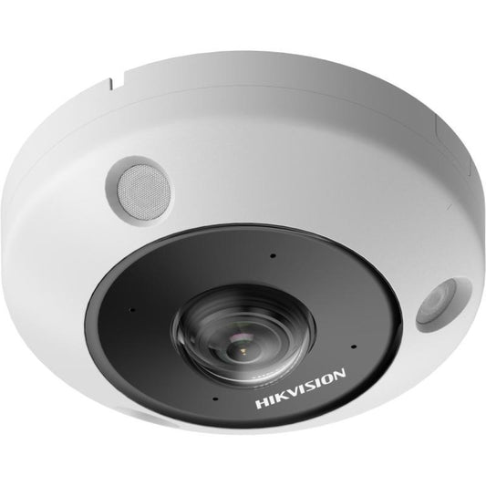Witte Hikvision 6MP fisheye dome IP-camera met panoramische lens en compact design voor professionele bewaking.