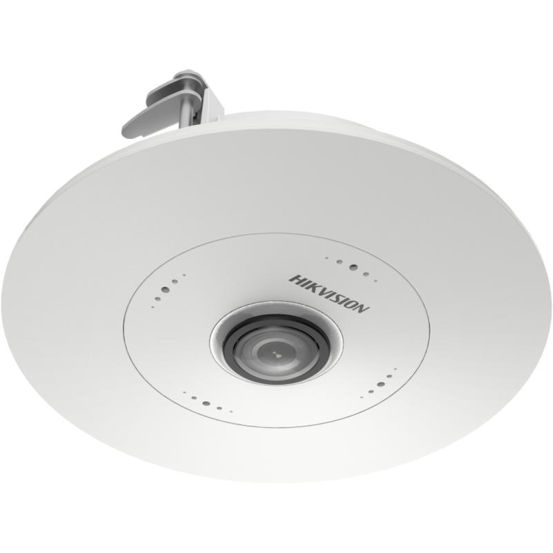 Witte Hikvision 6MP fisheye dome IP-camera voor inbouwmontage in plafonds met 180 graden panoramische lens.