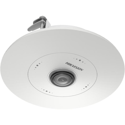 Witte Hikvision 6MP fisheye dome IP-camera voor inbouwmontage in plafonds met 180 graden panoramische lens.
