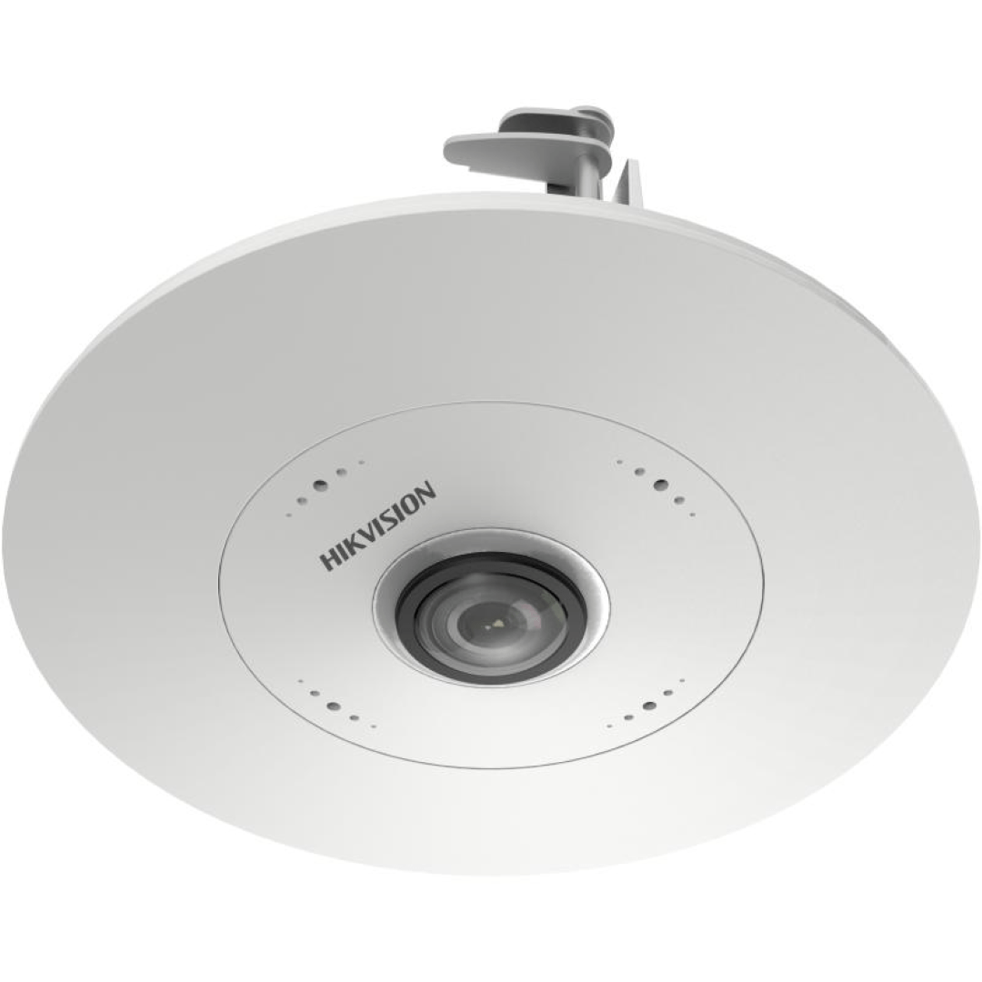 Witte Hikvision 6MP fisheye dome IP-camera voor inbouwmontage in het plafond met een 1.16mm lens.