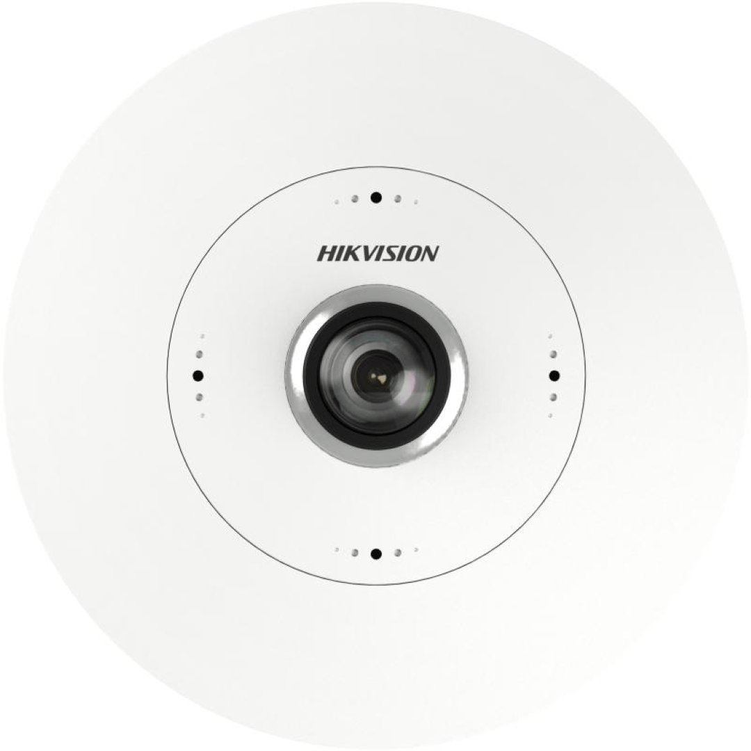Witte Hikvision 6MP fisheye dome IP-camera voor inbouwmontage met 180 graden panoramische lens.