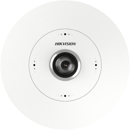 Witte Hikvision 6MP fisheye dome IP-camera voor inbouwmontage met 180 graden panoramische lens.