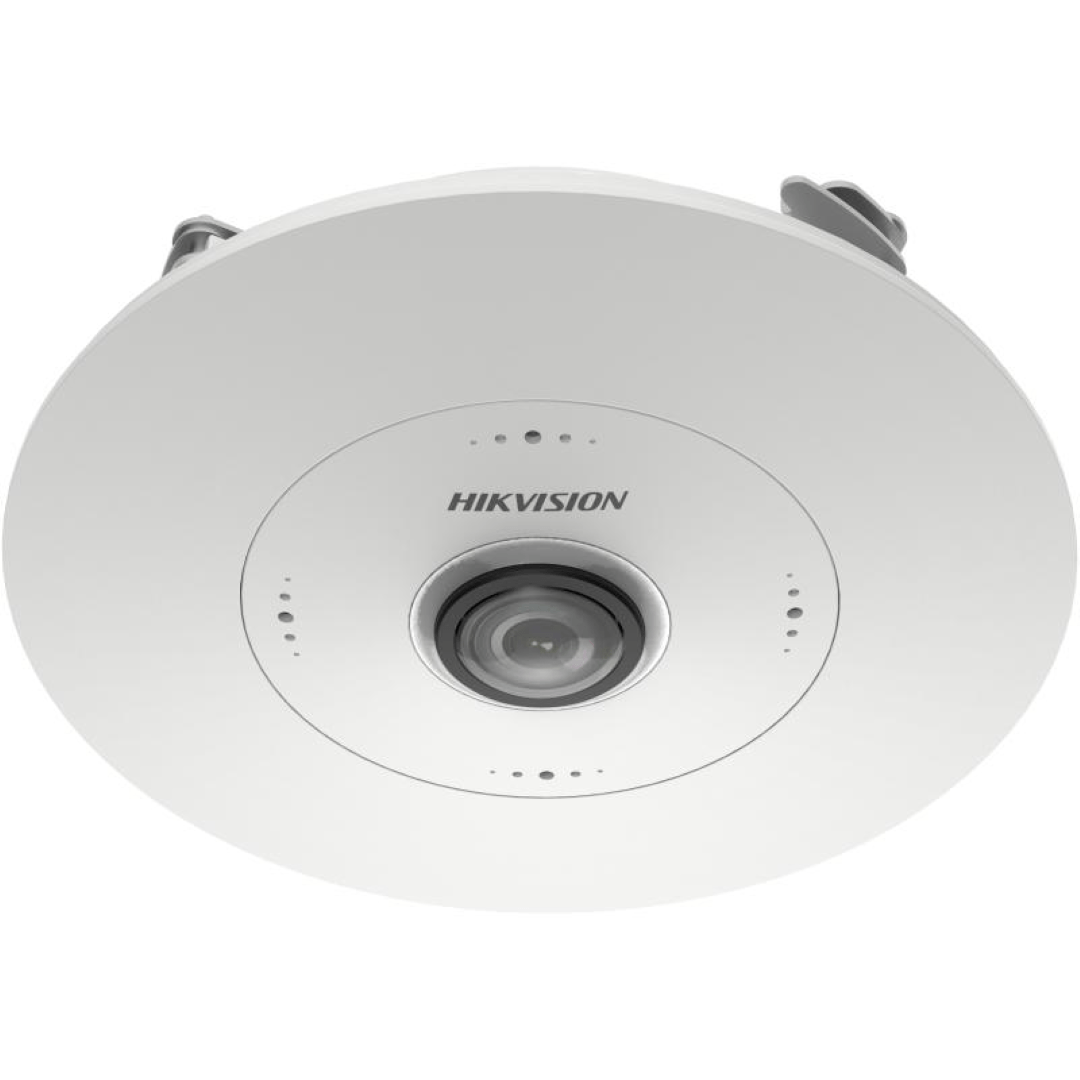 Witte Hikvision 6MP fisheye dome IP-camera voor inbouwmontage in plafonds met 180 graden panoramische lens.
