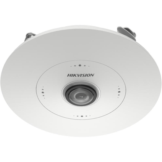Witte Hikvision 6MP fisheye dome IP-camera voor inbouwmontage in plafonds met 180 graden panoramische lens.