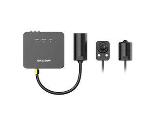 Zwarte Hikvision 2MP pinhole camera met L-vormige lens, aansluitkabel en compacte behuizing voor discrete installatie.