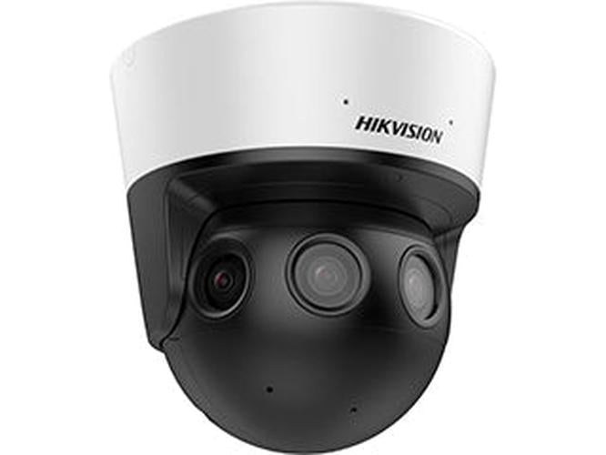 Witte Hikvision 32MP panoramische outdoor camera met drie lenzen in een zwarte behuizing voor 180 graden overzicht.