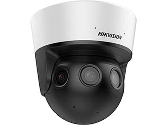 Witte Hikvision 32MP panoramische outdoor camera met drie lenzen in een zwarte behuizing voor 180 graden overzicht.