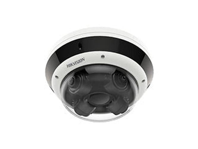 Witte Hikvision dual-lens panoramische dome IP-camera met zwarte accenten en transparante koepel voor buitenbewaking.