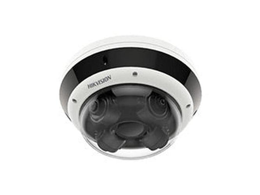 Witte Hikvision dual-lens panoramische dome IP-camera met zwarte accenten en transparante koepel voor buitenbewaking.