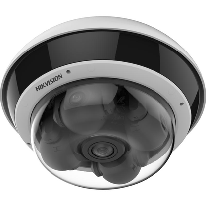 Witte Hikvision DS-2CD6D55G2-IZHS dual-lens dome IP-camera met transparante koepel en 5MP multisensor technologie.