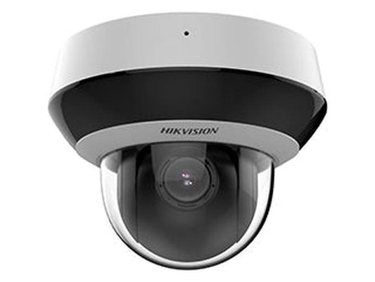 Witte Hikvision 4MP PTZ speed dome camera met compact design, zwarte lensbehuizing en 4x optische zoom.