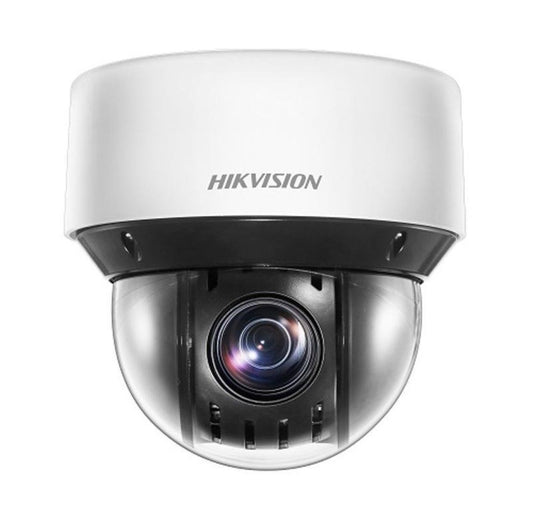 Witte Hikvision 4MP PTZ-camera met zwarte koepel en 25x optische zoom voor professionele videobewaking.