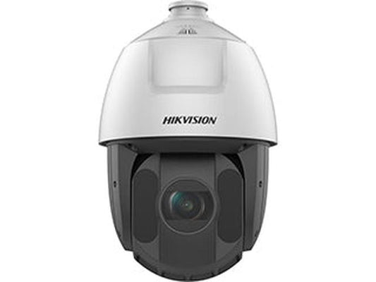 Witte Hikvision 4MP PTZ speed dome camera met 25x zoom, robuust design en IP66/IK10 bescherming.
