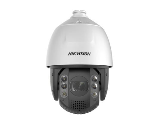Witte Hikvision PTZ speed dome camera met 32x optische zoom, IR-verlichting en zwarte cameramodule.