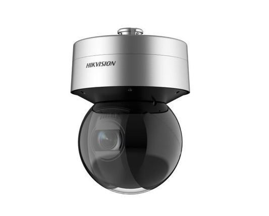 Hikvision 4MP PTZ speed dome camera met zilveren behuizing en zwarte glazen bol voor professionele beveiliging.