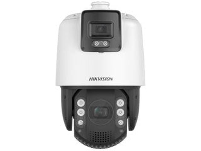 Witte Hikvision 4MP PTZ speed dome camera met 25x zoom, actieve afschrikking en ingebouwde IR-verlichting.