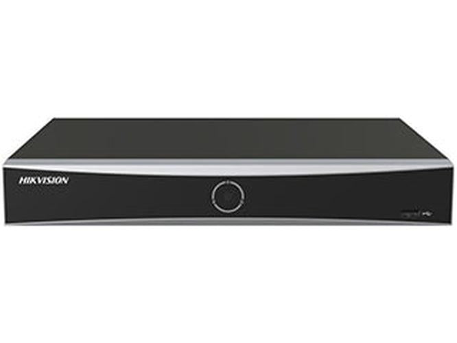 Zwarte Hikvision 4-kanaals AcuSense Vpro NVR met strak design en centraal statuslampje.