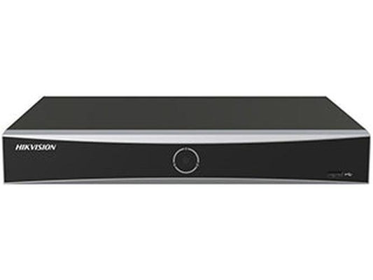 Zwarte Hikvision 4-kanaals AcuSense Vpro NVR met strak design en centraal statuslampje.