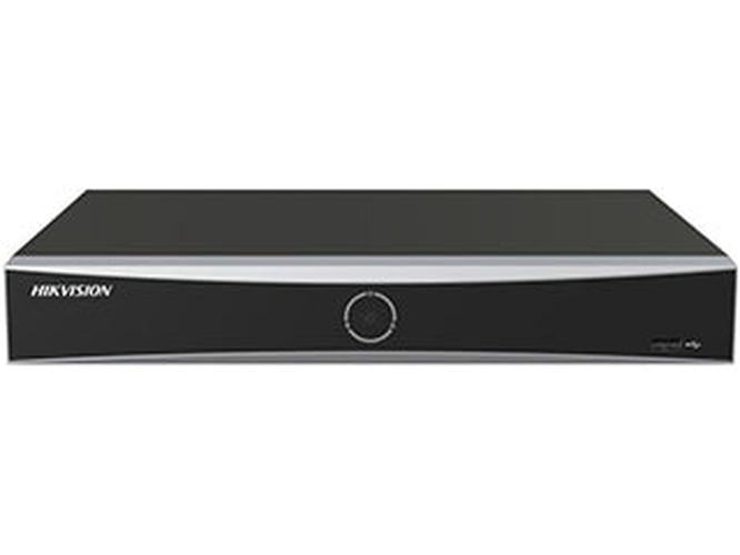 Zwarte Hikvision DS-7608NXI-K1/Vpro 8-kanaals AcuSense NVR met strak design en centraal statuslampje.