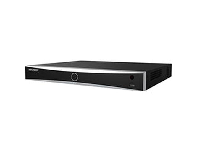 Zwarte Hikvision DS-7608NXI-K2 8-kanaals AcuSense NVR met strak design en USB-poort aan de voorzijde.