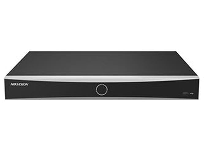Zwarte Hikvision 8-kanaals AcuSense NVR met strak design, zilveren accentstrip en centraal bedieningspaneel.