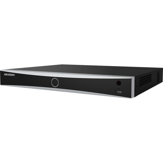Zwarte Hikvision 16-kanaals AcuSense NVR met strak metalen design, USB-poort en statusindicatoren aan de voorzijde.