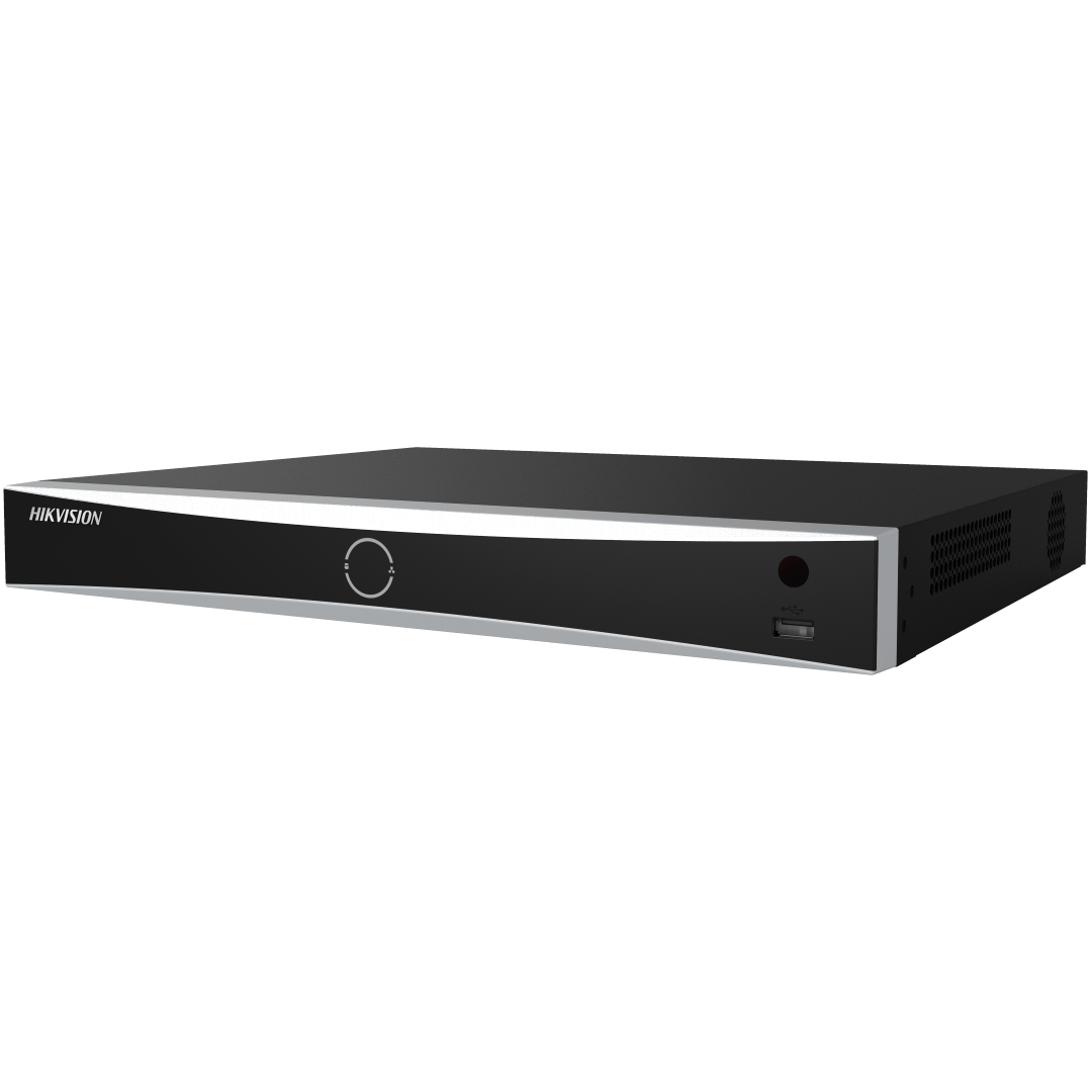 Zwarte Hikvision DS-7616NXI-K2 16-kanaals AcuSense NVR met slank metalen design en USB-poort aan de voorzijde.