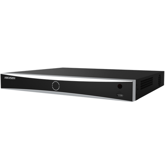 Zwarte Hikvision DS-7616NXI-K2 16-kanaals AcuSense NVR met slank metalen design en USB-poort aan de voorzijde.