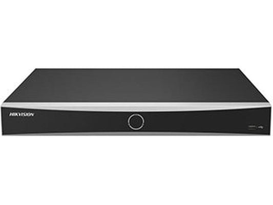 Zwarte Hikvision 16-kanaals AcuSense Vpro NVR met strak design en centraal verlichte aan-uitknop.