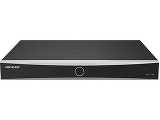 Zwarte Hikvision DS-7616NXI-K2/Vpro 16-kanaals NVR netwerkrecorder met strak design en zilverkleurige accentstrip.