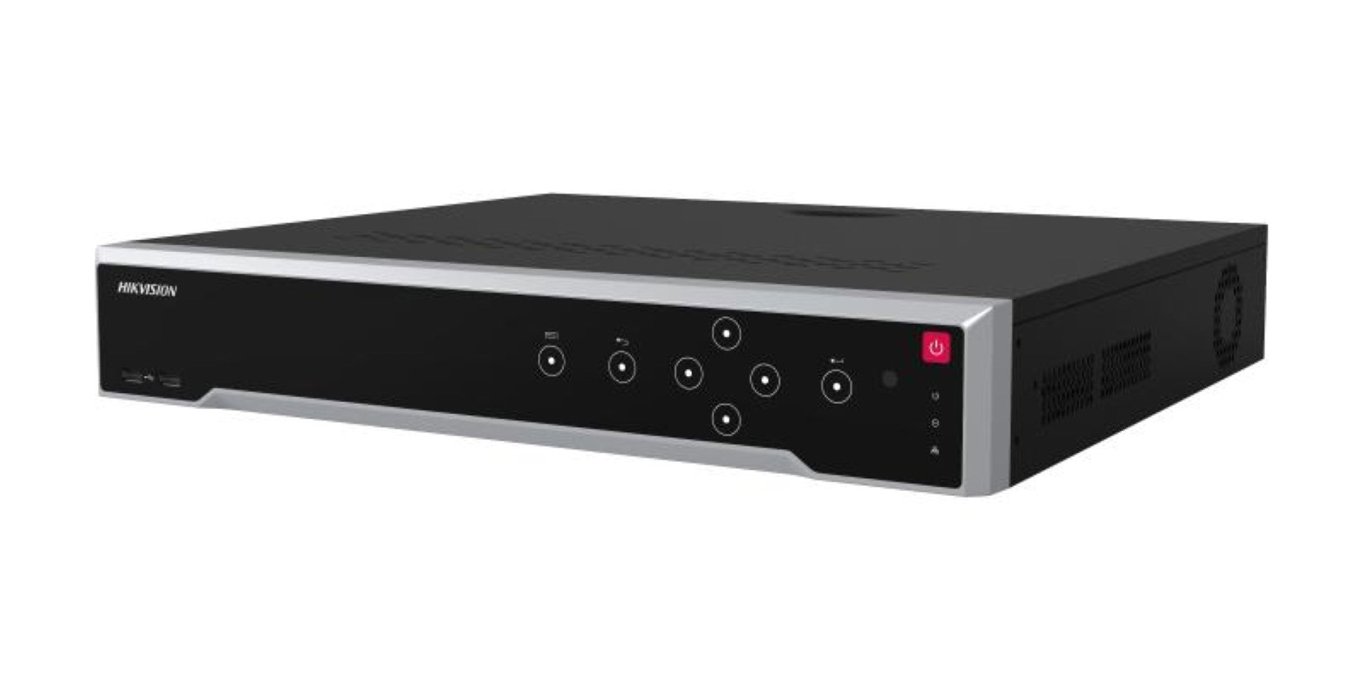 Zwarte Hikvision 32-kanaals Ultra NVR met zilveren rand, bedieningsknoppen en rode aan-uitknop op het voorpaneel.