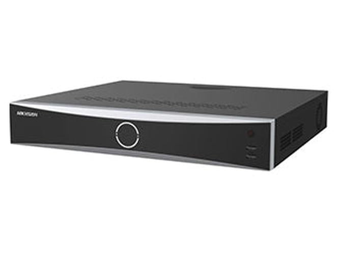 Zwarte Hikvision 32-kanaals AcuSense Vpro NVR met strak design en centraal verlichte bedieningsknop.