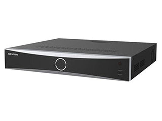Zwarte Hikvision 32-kanaals AcuSense Vpro NVR met strak design en centraal verlichte bedieningsknop.