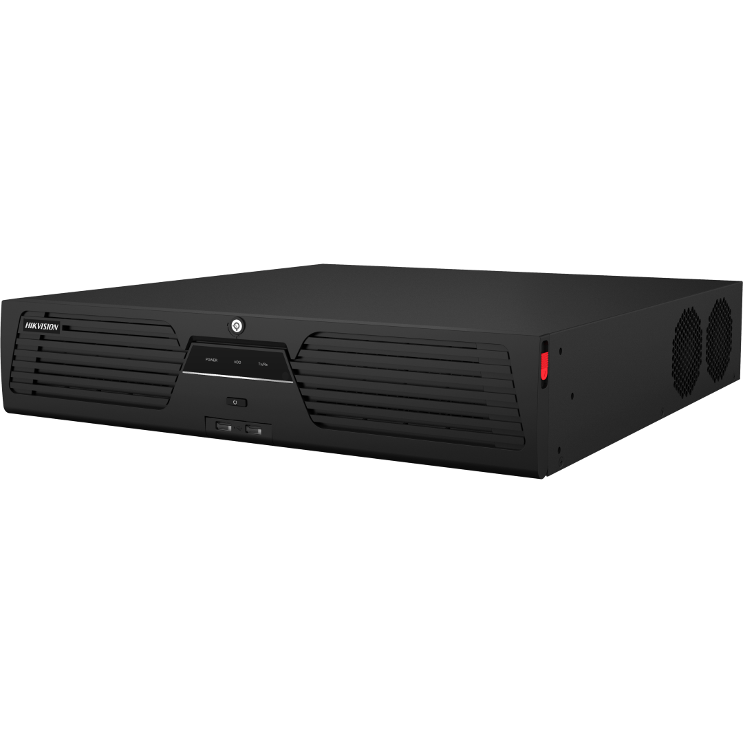 Zwarte Hikvision 64-kanaals enterprise NVR met 8 HDD-bays, ventilatieroosters en USB-poorten in een metalen behuizing.