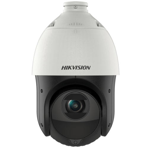 Witte Hikvision 4MP PTZ speed dome camera met zwarte lensbehuizing, 25x optische zoom en infrarood nachtzicht.
