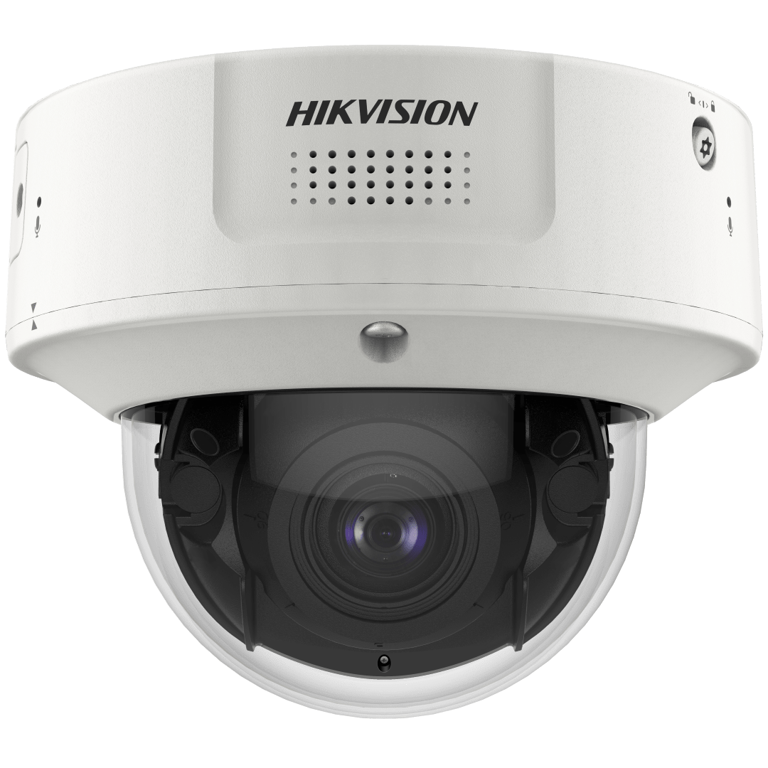 Witte Hikvision DeepinView dome IP-camera met robuuste behuizing en varifocale lens voor professionele buitenbewaking.