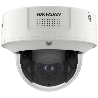 Witte Hikvision DeepinView dome IP-camera met robuuste behuizing en varifocale lens voor professionele buitenbewaking.