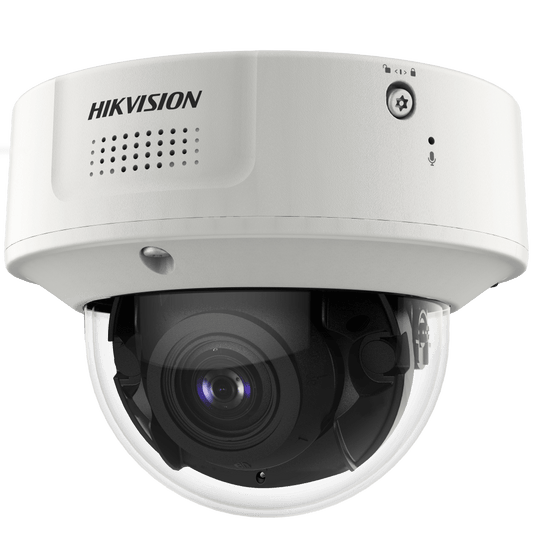 Witte Hikvision DeepinView dome IP-camera met varifocale lens en robuuste behuizing voor buitenbewaking.