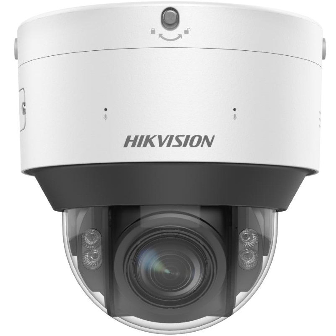 Witte Hikvision DeepinView dome camera met varifocale lens en robuuste IP67 behuizing voor buitenbeveiliging.