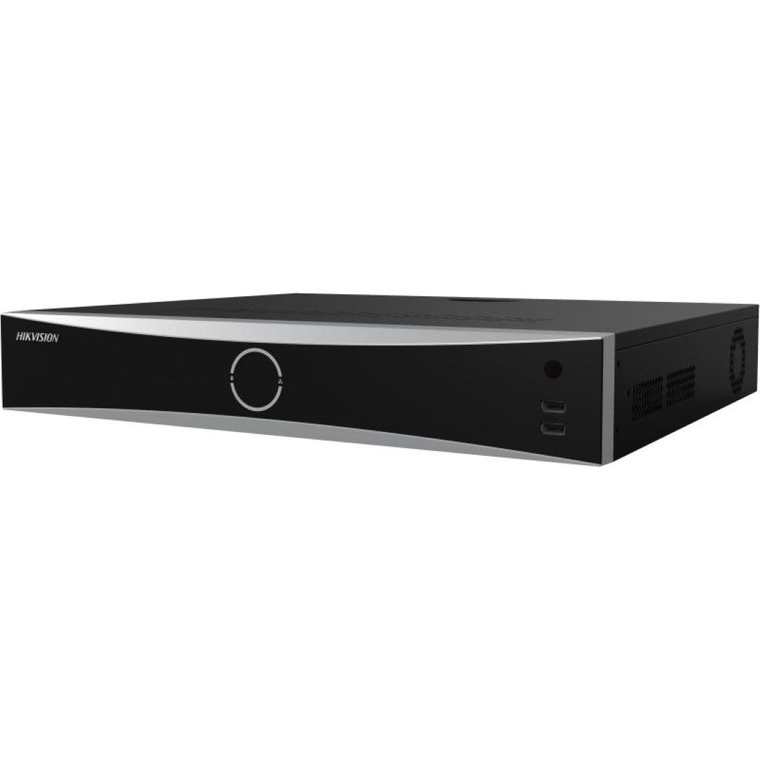 Zwarte Hikvision DeepinMind 16-kanaals NVR met strak metalen design en voorpaneel met USB-poorten.